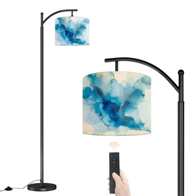 Lampe sur pied à arc avec abat-jour réglable, cyan, aquarelle liquide, taches dorées, sarcelle, turquoise, lampe sur pied, 3 températures de couleur, intensité variable, grand mât avec interrupteur au pied pour la chambre à coucher