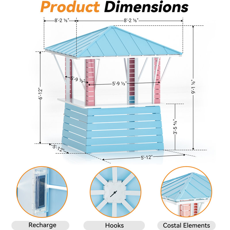 Hawaii 8'x8' Galvanized Steel Hardtop  Blue Pink Gazebo Pavilion with USB Charging Socket and BBQ Bar Table Shelf