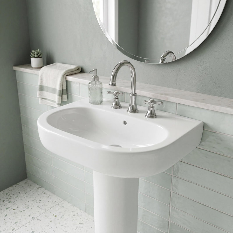 22x17 White Ceramic Pedestal Sink with Overflow, Freestanding Bathroom Washbasin Combo, Deep Basin Vanity for Restroom & Guest Bath, 3 Hole, 8" Widespread