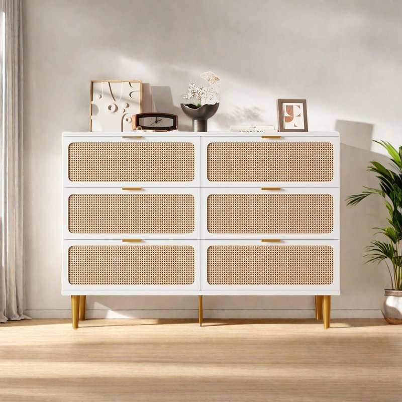 Rattan 6 Drawer Dresser For Bedroom, Large Double Dresser With Deep Drawers