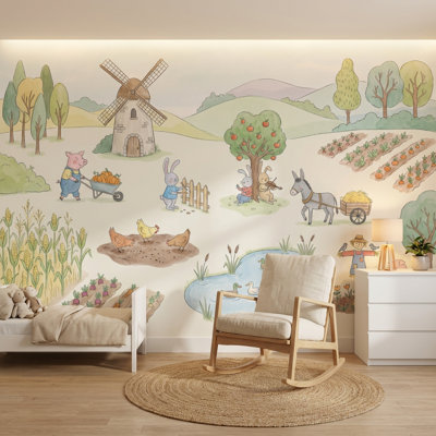 Whimsical Farm Wallpaper Animal Countryside Wall Mural