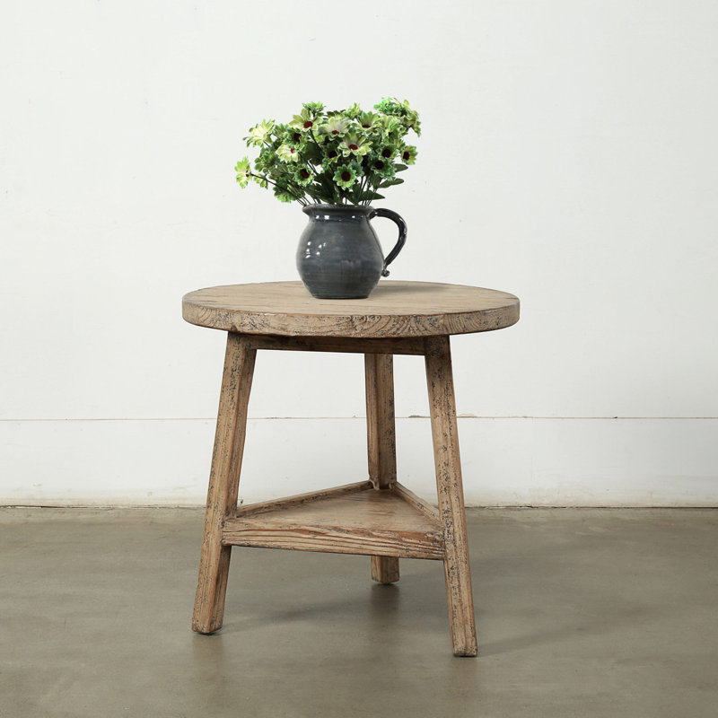 26 Inches Round Side Table with Shelf , Natural Wood