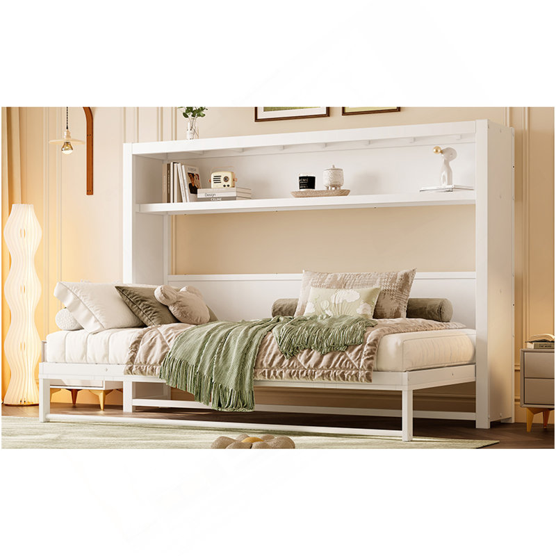 Lit escamotable simple avec tablettes, lit mural en métal au design pliable et peu encombrant, blanc