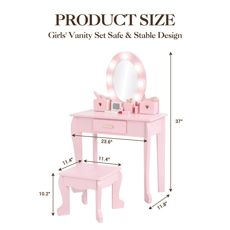 Meuble-lavabo pour enfants avec miroir et tabouret - Meuble-lavabo pour filles avec lumière et maquillage