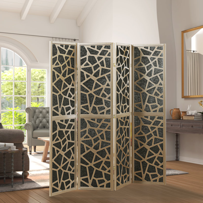 Roundhill Furniture Aurra 4-panel Wood Room Divider, Folding Portable Partition Screen, Gold