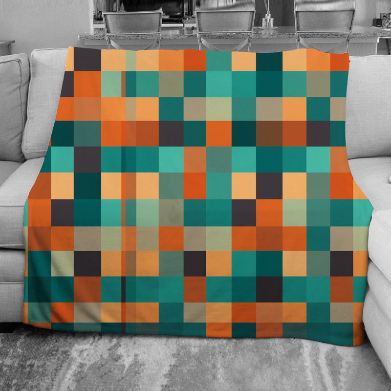 Plain Weave / Muslin Throw Blanket, 68" W x 80" L, Checkered, Orange/Turquoise