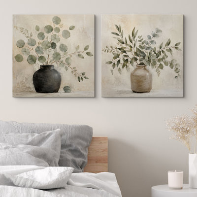 Minimal Greenery Branches In Earth Tone Vases With Organic Neutral Style Framed Canvas Master Bedroom Wall Art Work 2 Pieces Print Set