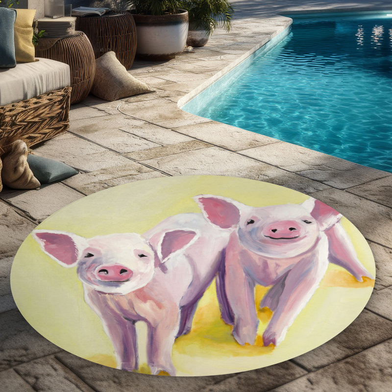 Two Smiling Pigs Rug | Farm Animals Bedroom Decor Round Rug