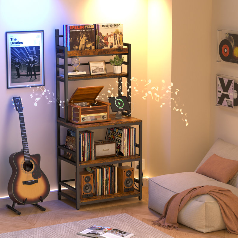 Large Record Player Stand With Storage Shelf, 5-Tier Record Player Table Holds Up 500+ Albums, Turntable Stand With Charging Station & CD/DVD Rack, Record Storage For Living Room, Bedroom