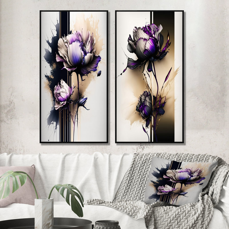 «Puple Peony Flower on Abstract Paint III», ensemble de 2 reproductions, H 32 po x l 32 po, Cadre noir