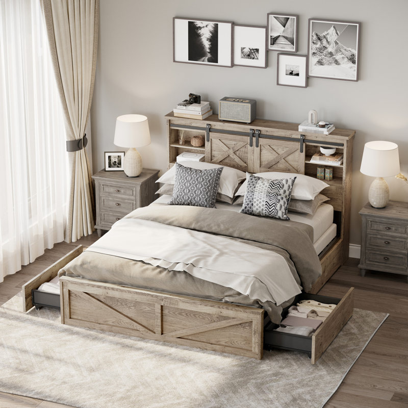 Grand lit avec lumières à DEL et station de charge, tête de lit rustique et rangement pour porte de grange coulissante, solutions de rangement à 2 tiroirs pour capacité d'éclairage de cadre de chambre à coucher contemporain, contenants