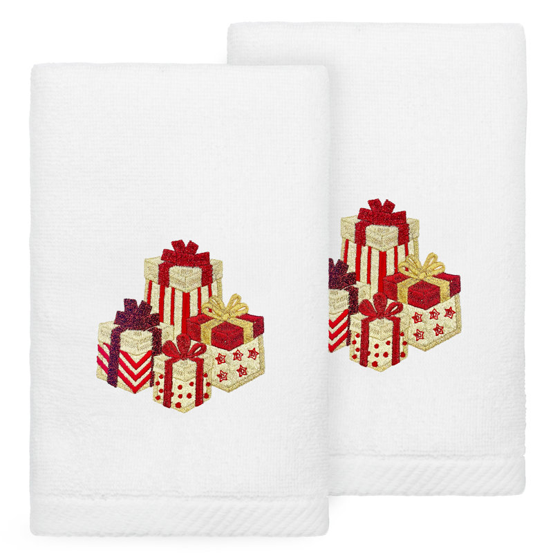 The Holiday Aisle® Christmas Packages - Embroidered Luxury 100% Turkish Cotton Hand Towels (Set Of 2), White