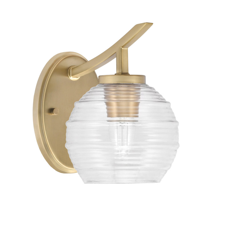 Kurve Wall Sconce With 6" Ribbed Glass, Clear, Brass