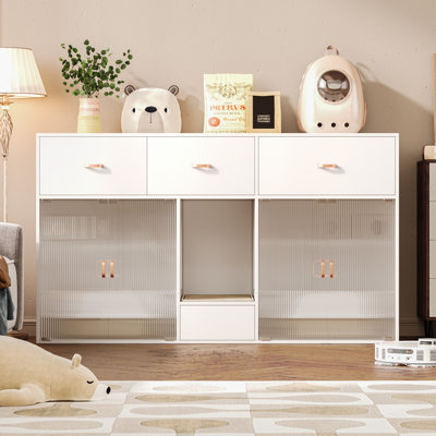Armoire à litière pour chat 61,4 po de largeur pour 2 chats, bac à litière caché avec porte en verre et tiroirs, salle de bain moderne pour animal de compagnie pour grands chats, table de bout avec buffet blanc pour le salon