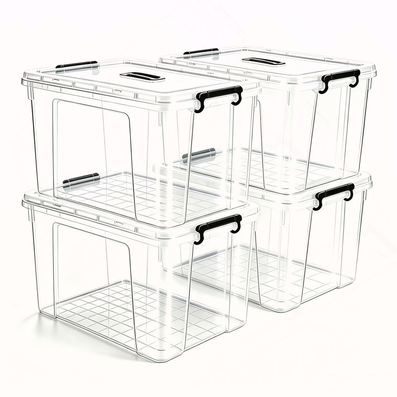 Ensemble de 4 bacs de rangement en plastique de 90 pintes (83 L) avec couvercles, transparents et empilables, dotés de fermetures et poignées sécurisées. Boîtes de rangement robustes pour la maison, le bureau et le garage.