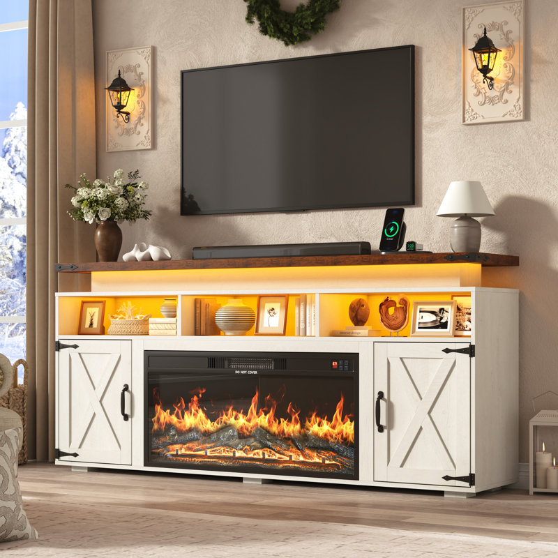 Meuble télé de style ferme avec foyer électrique de 91 cm (36 po) pour téléviseur de 75/80 po, centre multimédia de 81 cm (32 po) de hauteur avec éclairage DEL et prise de courant, console multimédia rustique avec porte de grange pour salon