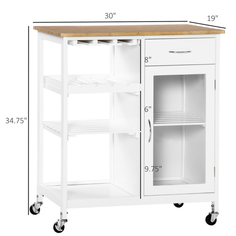 Îlot de cuisine roulant blanc, 4 porte-bouteilles, porte-verres à pied, armoire à tiroirs et îlot de rangement blanc polyvalent, mobile