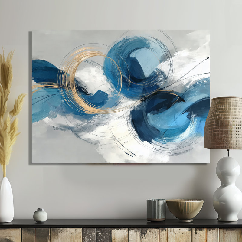 Tourbillon abstrait dans des tons bleus et blancs - art au trait moderne, impression sur métal minimaliste, L 32 po x H 16 po