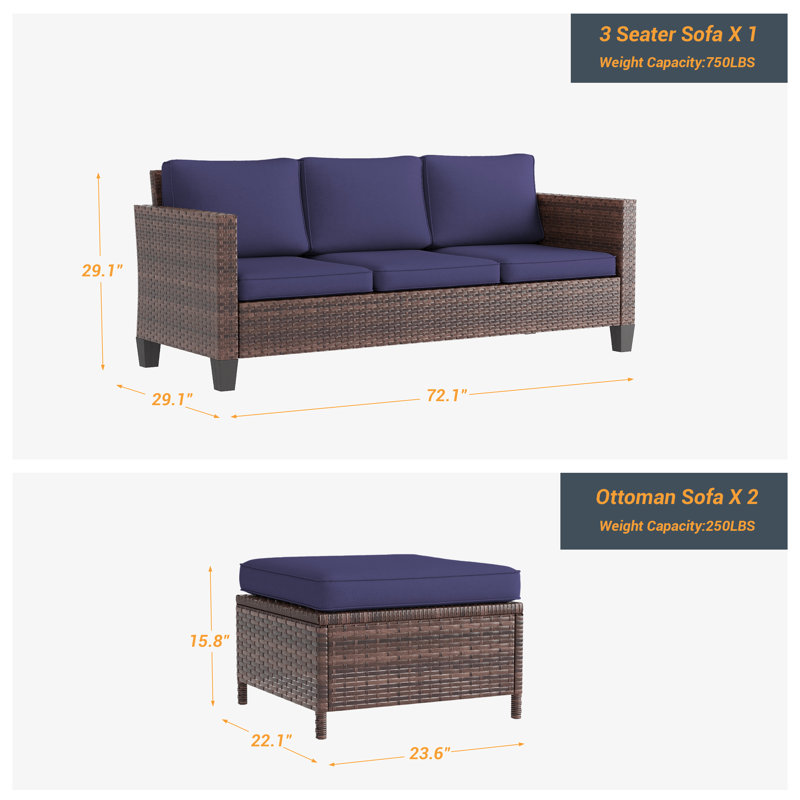 Ensemble de conversation d'extérieur pour 3 personnes avec coussins Iga, Brun, Bleu marine