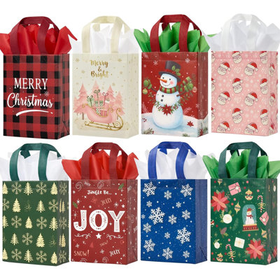 Lot de 16 petits sacs-cadeaux de Noël réutilisables en non-tissé de 22 cm (8,7 po) avec poignées et papier de soie, 22 cm × 16 cm × 8 cm (8,66 po × 6,3 po × 3,15 po), pour les cadeaux de Noël, les biscuits et les friandises.