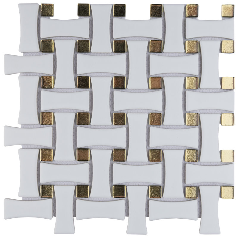 Metro Dog Bone Basketweave 0.92 In. X 2.26 In. Porcelain Basketweave Mosaic Wall Tile, Matte White w/Glass Gold Dot