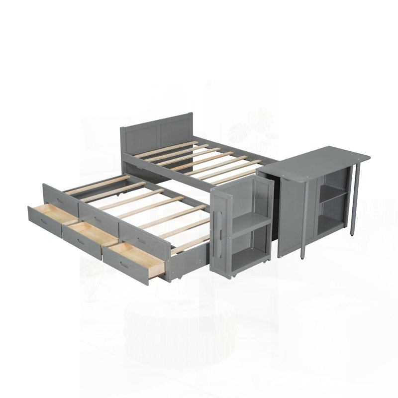 Lit plateforme simple en bois avec bureau, tablette de rangement, lit gigogne intégré et 3 tiroirs pour une utilisation optimale de l'espace