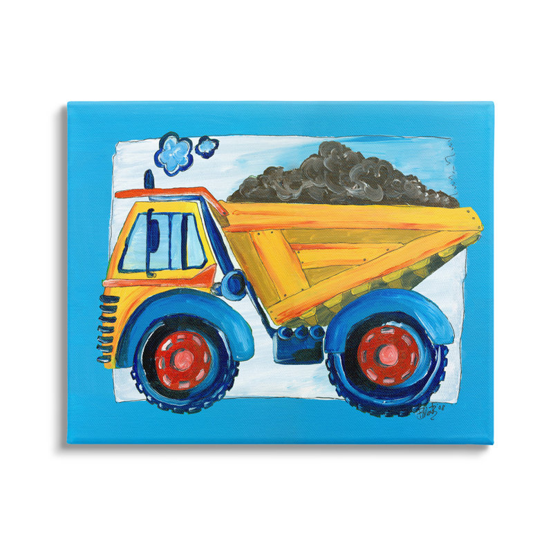 The Kids Room by Stupell Yellow Dump Truck with Blue Border Oversized Stretched Canvas Wall Art, 24" H x 30" W