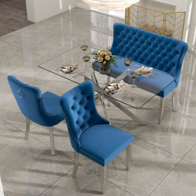 Luxury Dining Set with Hand-Tufted Velvet Bench & Chairs, 8mm Tempered Glass Table, Modern Furniture for Dining Area