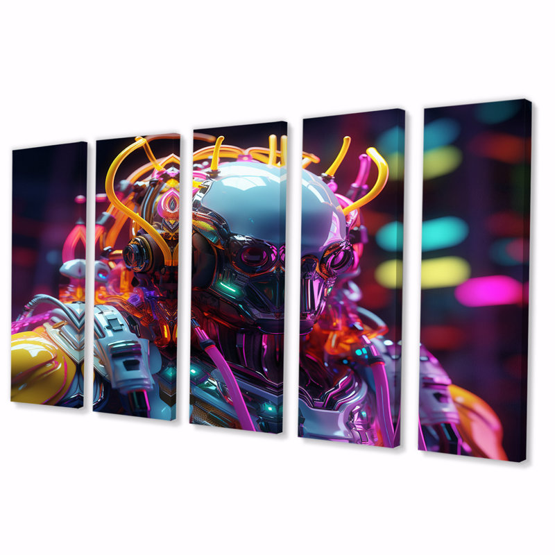 Sci-Fi Retro Futuristic Robot In Neon V - Robot Canvas Print - 5 Equal Panels