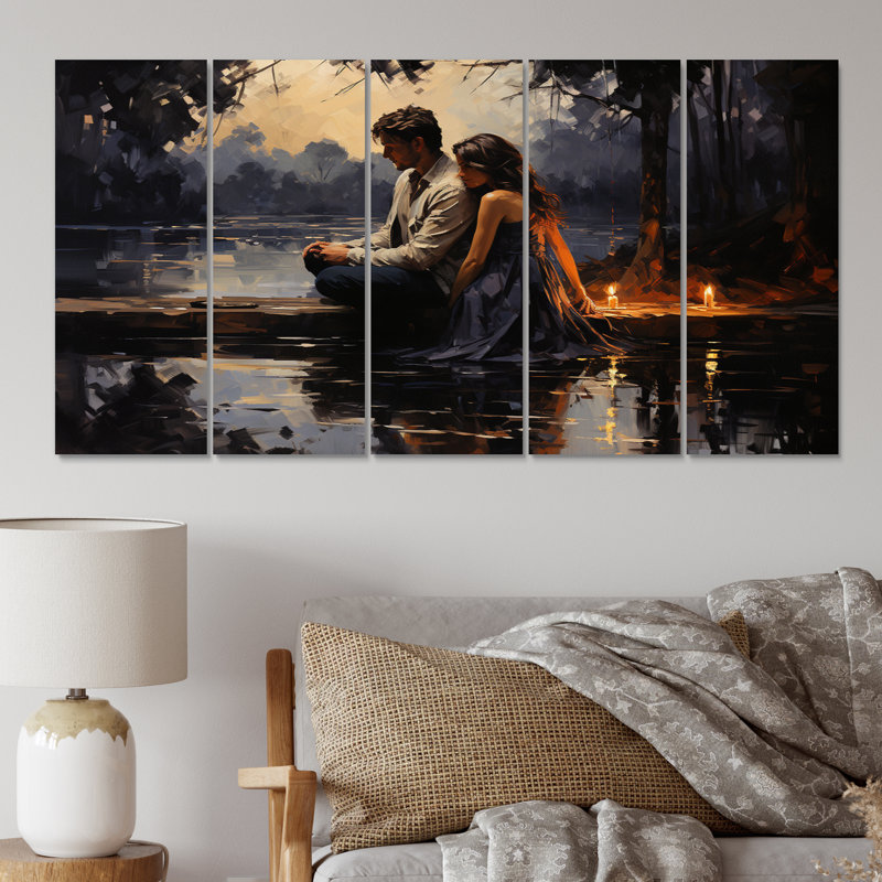 «Romantic Couple Landscape Glimpse I», impression d'art mural paysage romantique - 5 panneaux égaux
