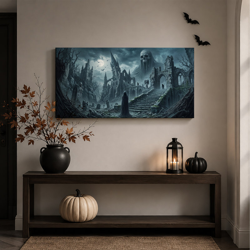 «Gothic Ruins With Giant Skull And Moon», art mural sur toile, 40"W x 20"H