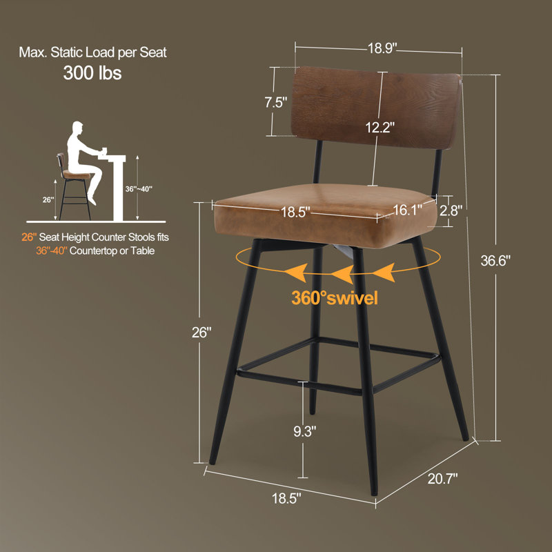 26" Mid-Century Modern Swivel Faux Leather Upholstered Wood Counter & Bar Stool, Brown