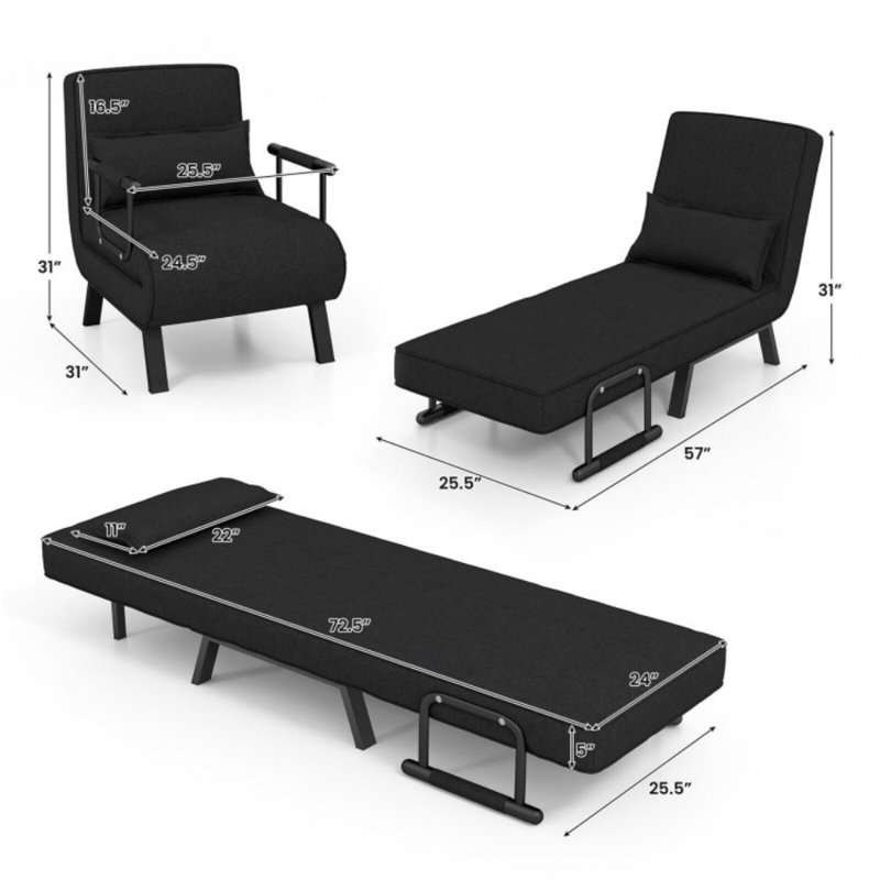 Canapé-lit pliant convertible à 6 positions avec fauteuil et coussin, Lin noir