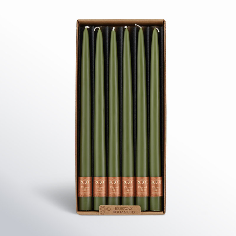 12 Piece Unscented Taper Candle Set, 12" H x 0.88" W x 0.88" D, Dark Olive