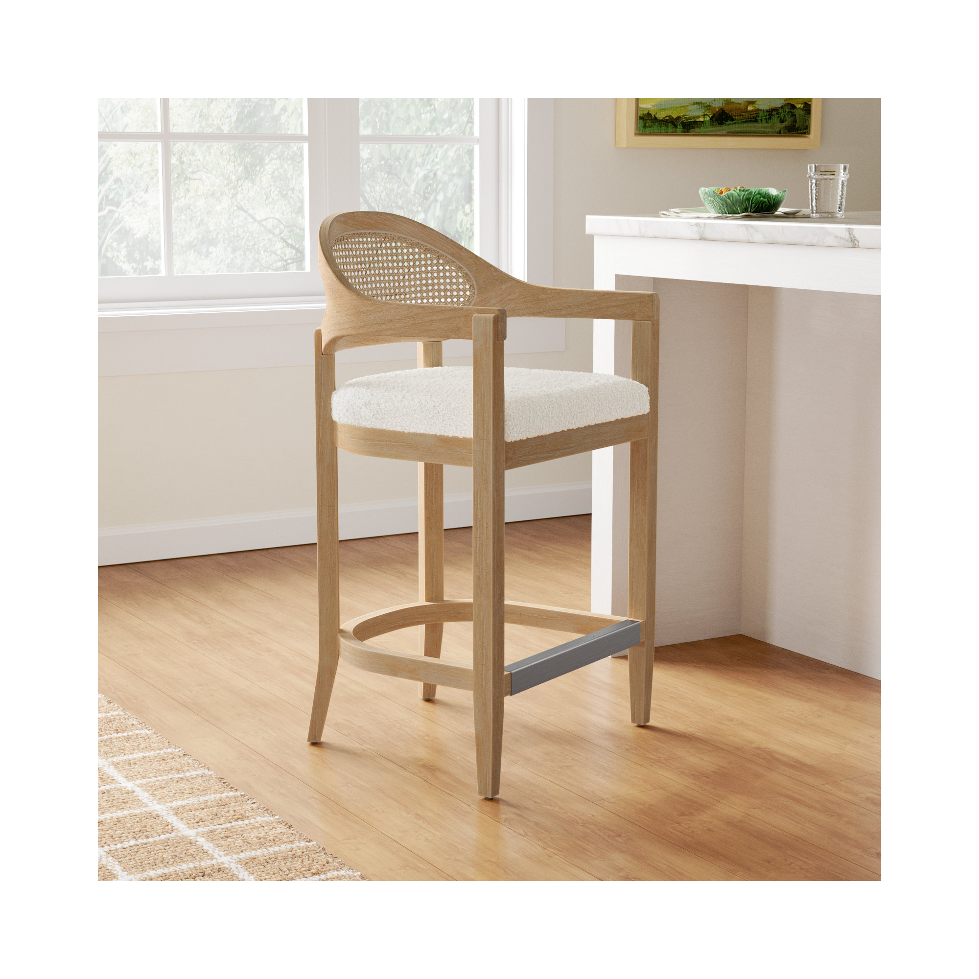 Copley Cane Stool, Ivory Boucle, Counter Stool (26” Seat Height)