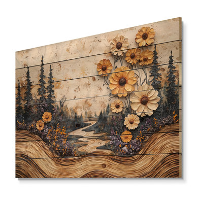 Wildflowers Flowers On A Wood Slide River II - Wildflowers Wood Wall Art - On Natural Pine Wood