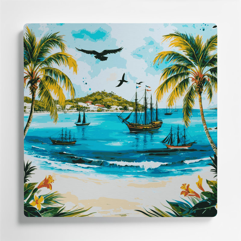 Art mural en métal bleu avec cités Antigua et Barbuda, H 32 po x l 32 po