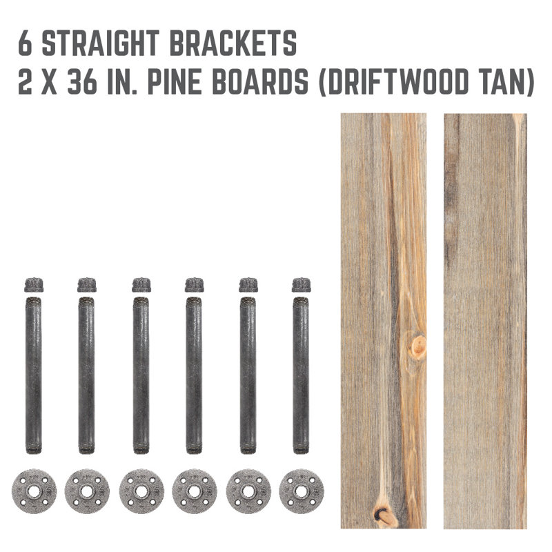 Pingree 2 Piece Solid Wood Industrial Pipe Shelves, Driftwood Tan