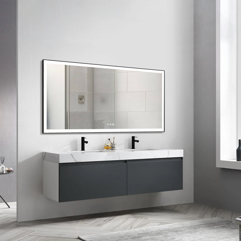 Wall Mounted Bathroom Framed LED Mirror Anti- Fog And Memory Function With Three Touch Switches, 36" H x 72" W