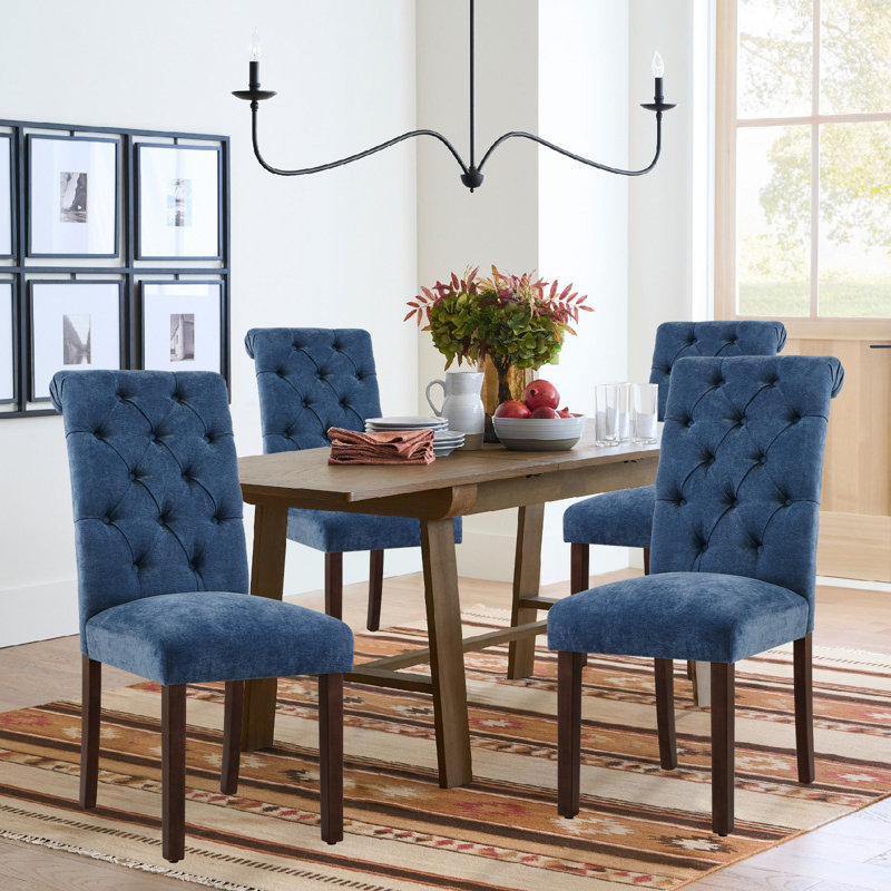 Bookout Tufted Wooden Dining Side Chairs, Navy Blue
