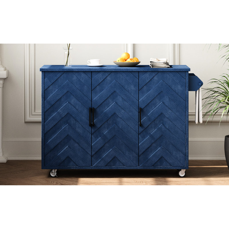 Îlot de cuisine de luxe avec rayures à vagues 3D, placage de frêne, rangement interne, tablette réglable et table à abattants (roues verrouillables classiques bleu marine)