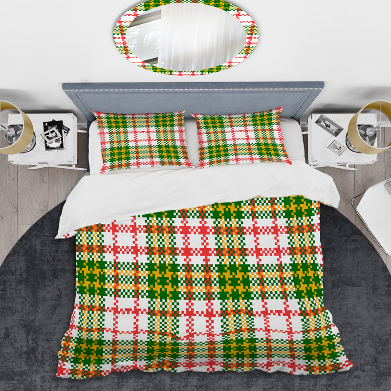 Tartan à carreaux blanc et vert - Ensemble de housse de couette abstrait - Microfibre de polyester