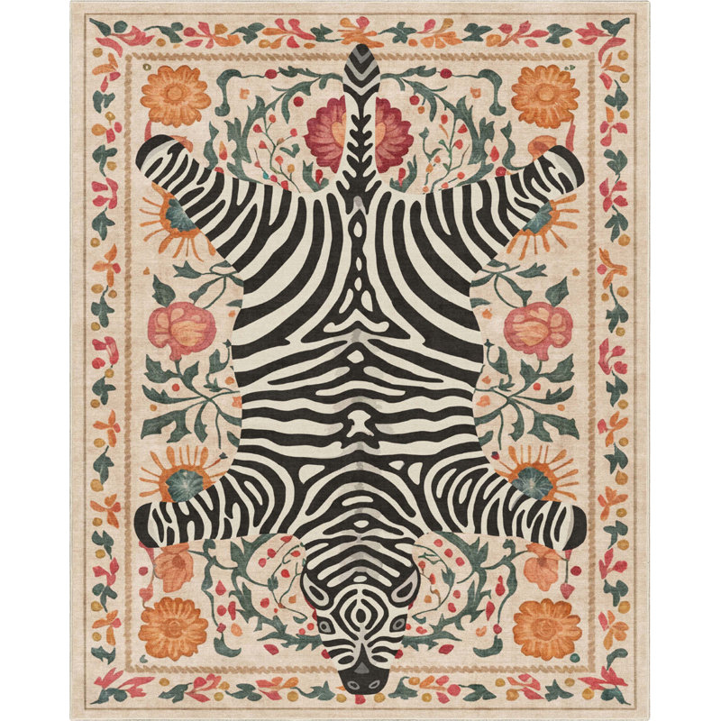 Zebra’S Haven Ivory Multi Animal Print Modern Area Rug, Rectangle 7'10" x 9'10" 