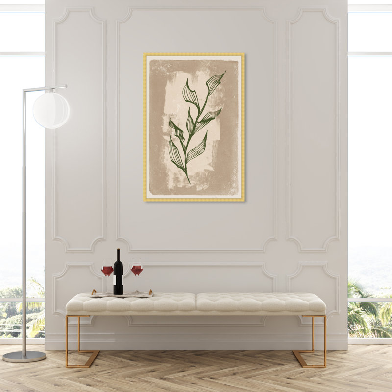 Feuilles illustrées II - peinture sur toile, H 45 po x l 30 po, Papier avec cadre doré