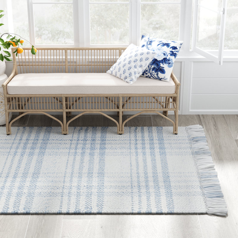 Cay Plaid Handmade Flatweave Recycled P.E.T. Area Rug in Blue/White, Rectangle 10' x 14'