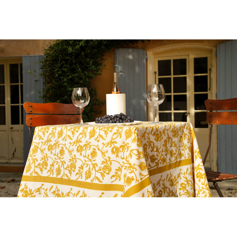 Granada Cornflower Blue Handmade Floral Tablecloth, 59" Square, Mustard/White