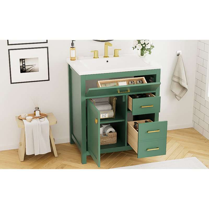 Meuble-lavabo vert de 30 pouces avec lavabo en céramique et beaucoup de rangement - le choix idéal pour les petites salles de bain