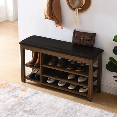 Long banc avec réglage de la hauteur, cuir confortable, structure en bois d'hévéa et espace de rangement réglable en hauteur avec grands compartiments, siège, bois brun, ventilé