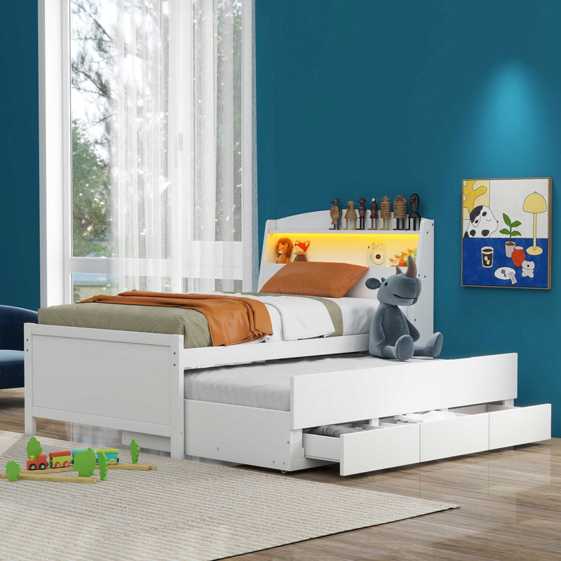 Lit plateforme simple avec tête de lit à DEL, rangement, 3 tiroirs et lit gigogne, blanc - Tiroirs en bois massif, tête de lit et pour l'intérieur