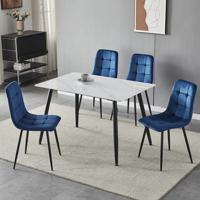 Fulshear 4 - Person Dining Set, Navy Blue/Black, 64"H x 92"L x 61.5"W, Gloss White